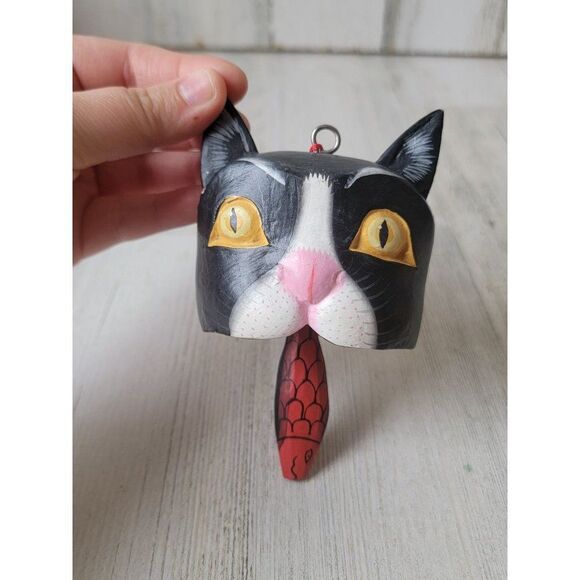 Folk art black cat tongue Bell ornament Xmas decor - Picture 3 of 6
